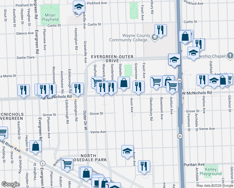 map of restaurants, bars, coffee shops, grocery stores, and more near 18932 West McNichols Road in Detroit