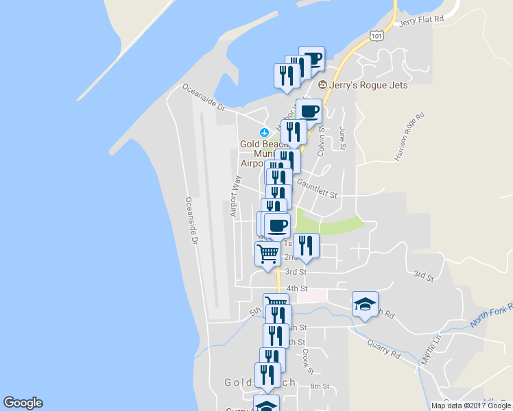 map of restaurants, bars, coffee shops, grocery stores, and more near 29772 Hillcrest Street in Gold Beach