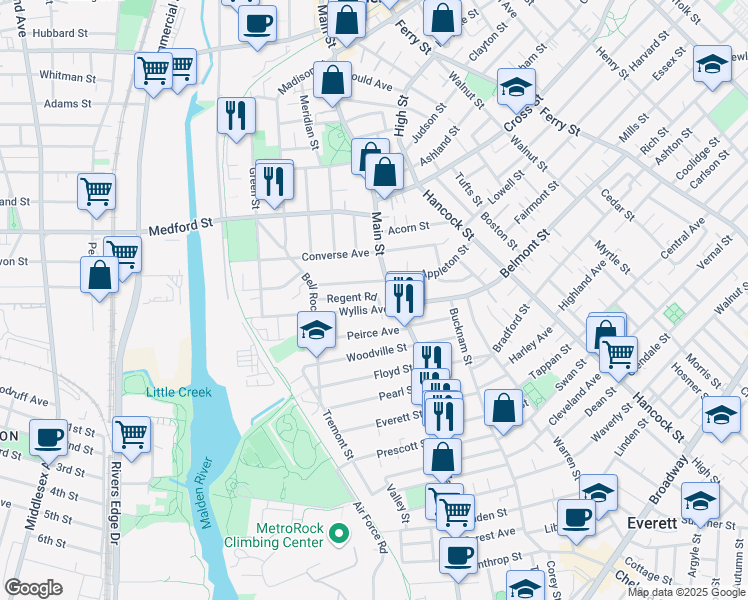 map of restaurants, bars, coffee shops, grocery stores, and more near 10 Regent Road in Malden