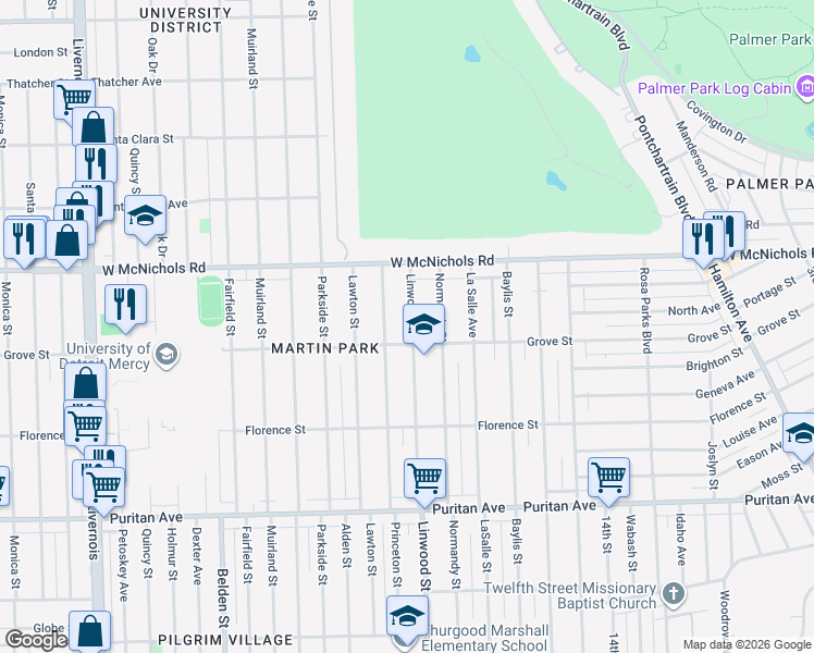 map of restaurants, bars, coffee shops, grocery stores, and more near 16835 Linwood Street in Detroit