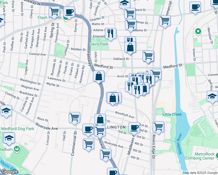 map of restaurants, bars, coffee shops, grocery stores, and more near 983 Fellsway in Medford