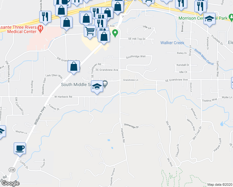 map of restaurants, bars, coffee shops, grocery stores, and more near 1600 Harbeck Road in Grants Pass