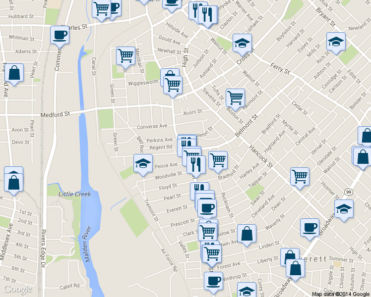 map of restaurants, bars, coffee shops, grocery stores, and more near 1 Main Street in Malden
