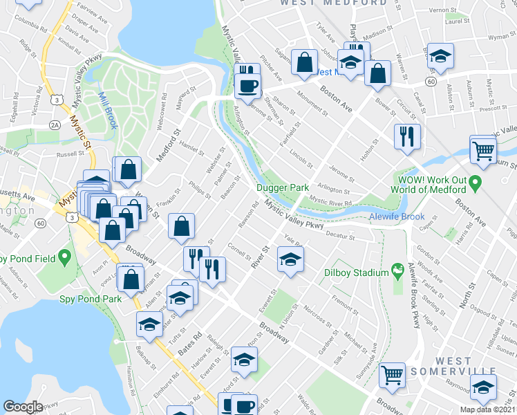 map of restaurants, bars, coffee shops, grocery stores, and more near 127-129 Rawson Road in Arlington