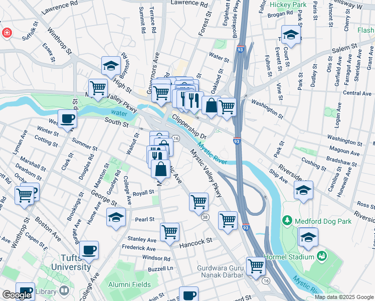 map of restaurants, bars, coffee shops, grocery stores, and more near 50 Swan Street in Medford