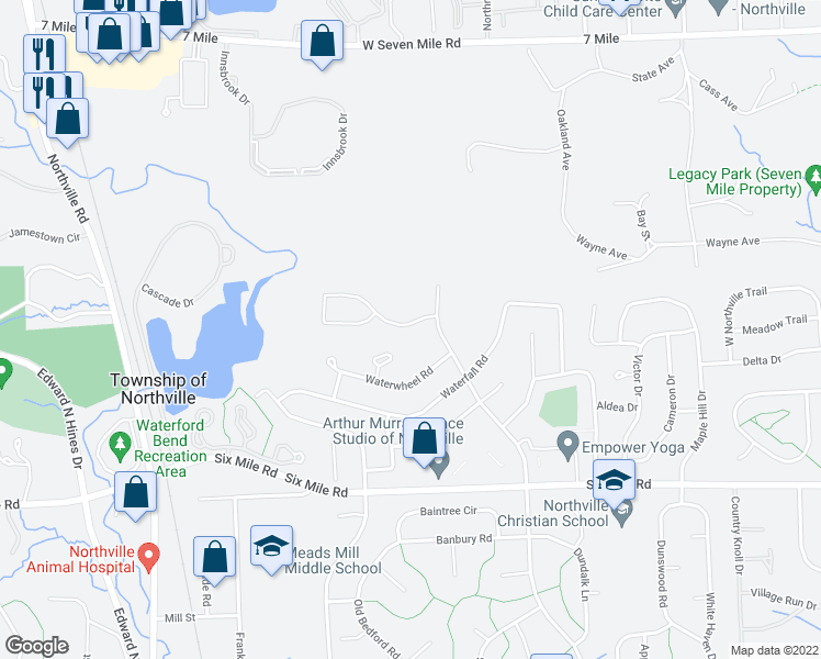 map of restaurants, bars, coffee shops, grocery stores, and more near 42023 Crestview Circle in Northville