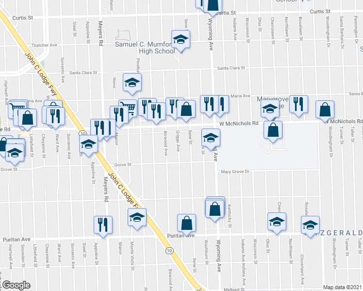 map of restaurants, bars, coffee shops, grocery stores, and more near 16876 Griggs Avenue in Detroit