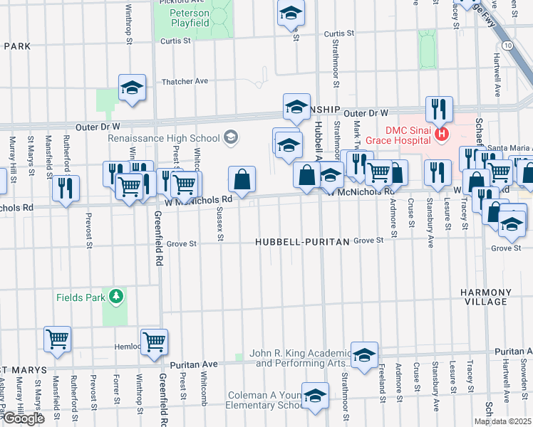 map of restaurants, bars, coffee shops, grocery stores, and more near 16884 Robson Street in Detroit