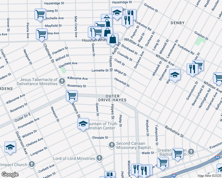 map of restaurants, bars, coffee shops, grocery stores, and more near 15002 Rosemary St in Detroit
