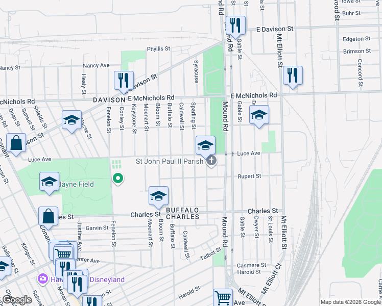 map of restaurants, bars, coffee shops, grocery stores, and more near 13401 Sparling Street in Hamtramck