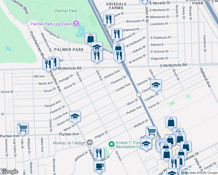 map of restaurants, bars, coffee shops, grocery stores, and more near 87 Florence Street in Highland Park