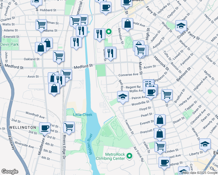 map of restaurants, bars, coffee shops, grocery stores, and more near 56 Newman Road in Malden