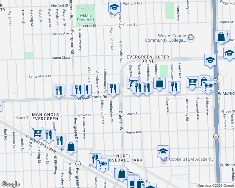 map of restaurants, bars, coffee shops, grocery stores, and more near 19316 West McNichols Road in Detroit