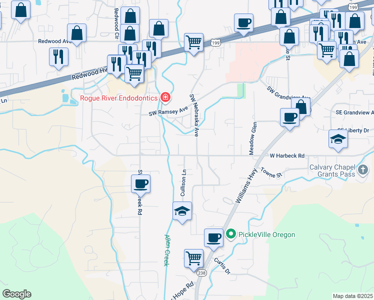map of restaurants, bars, coffee shops, grocery stores, and more near 1036 West Harbeck Road in Grants Pass