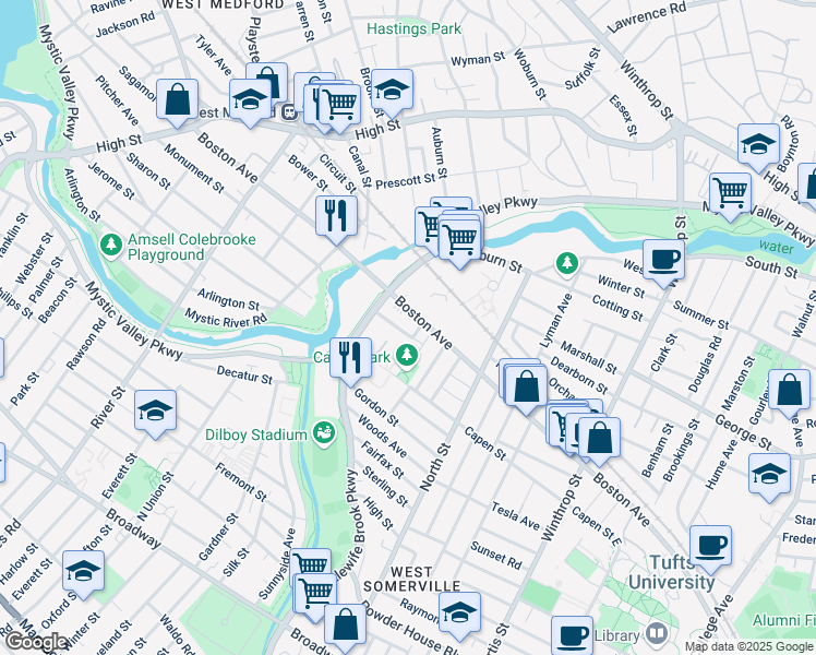 map of restaurants, bars, coffee shops, grocery stores, and more near 38 Irvington Road in Somerville