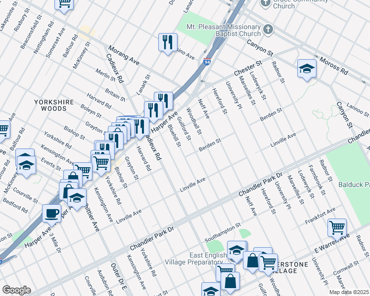 map of restaurants, bars, coffee shops, grocery stores, and more near 6134 Bluehill St in Detroit