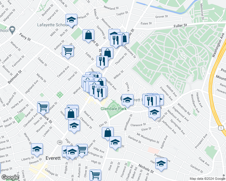 map of restaurants, bars, coffee shops, grocery stores, and more near 57 Sycamore Street in Everett