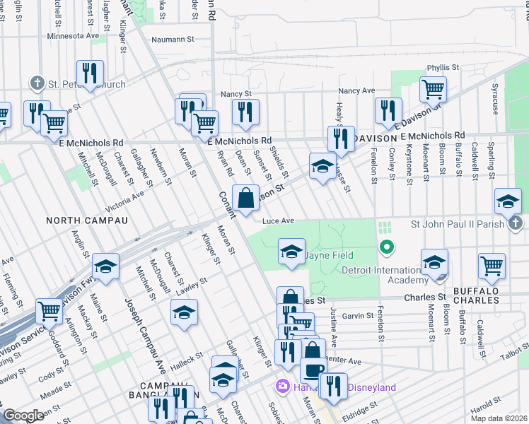 map of restaurants, bars, coffee shops, grocery stores, and more near 13435 Dean Street in Hamtramck