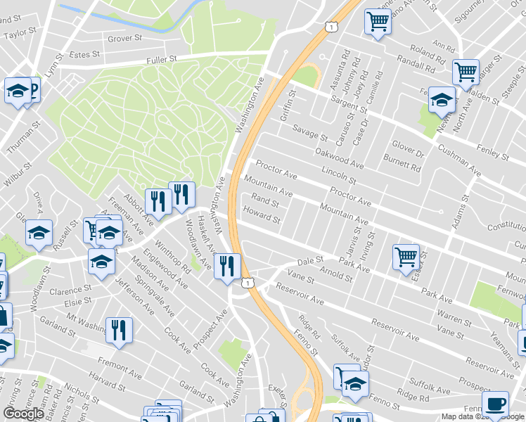 map of restaurants, bars, coffee shops, grocery stores, and more near 35 Howard Street in Revere