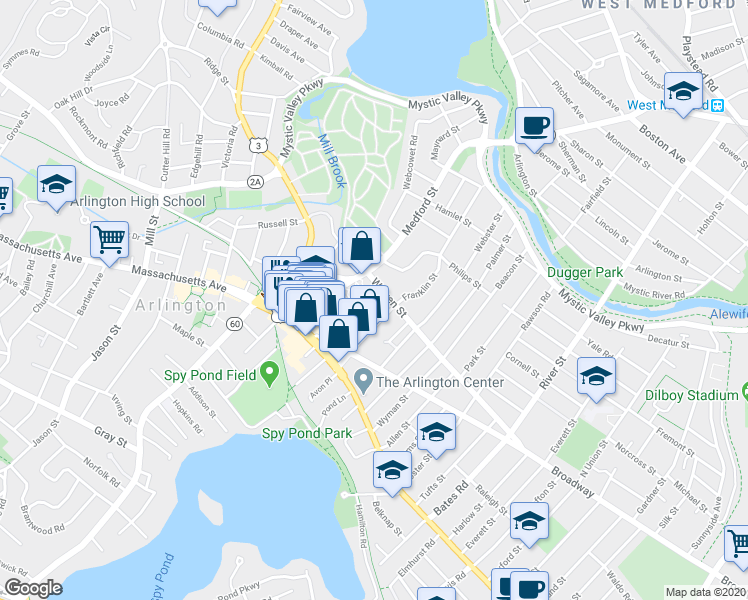 map of restaurants, bars, coffee shops, grocery stores, and more near 51 Alton Street in Arlington