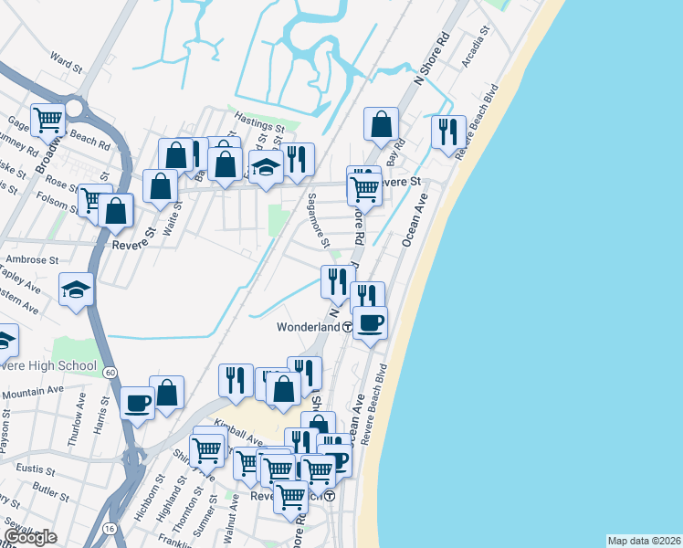 map of restaurants, bars, coffee shops, grocery stores, and more near 1235 North Shore Road in Revere
