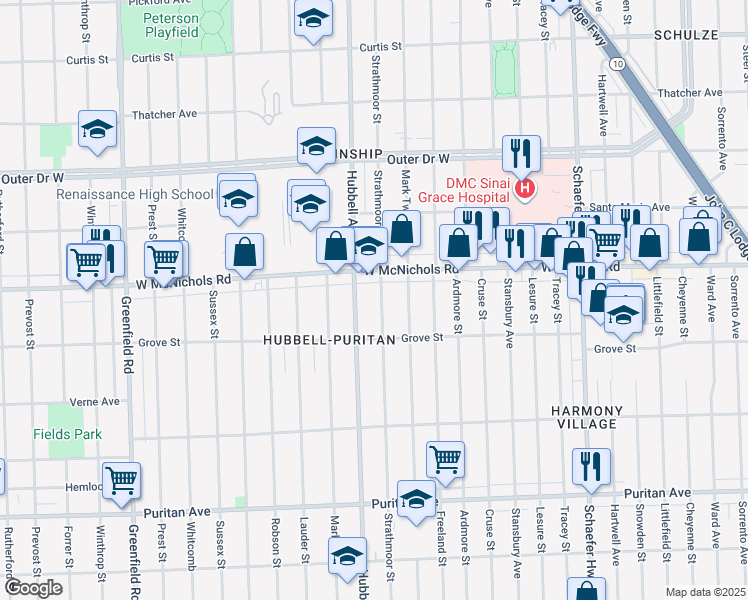 map of restaurants, bars, coffee shops, grocery stores, and more near 16889 Strathmoor Street in Detroit