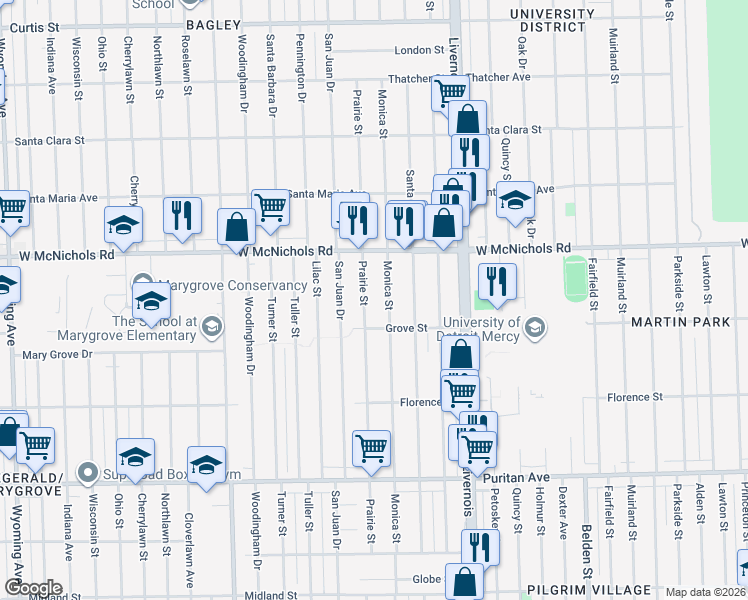 map of restaurants, bars, coffee shops, grocery stores, and more near 16856 Prairie St in Detroit