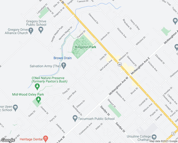 map of restaurants, bars, coffee shops, grocery stores, and more near 48 Oxley Drive in Chatham-Kent