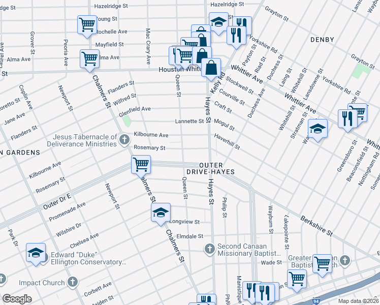 map of restaurants, bars, coffee shops, grocery stores, and more near 14920 Rosemary Street in Detroit