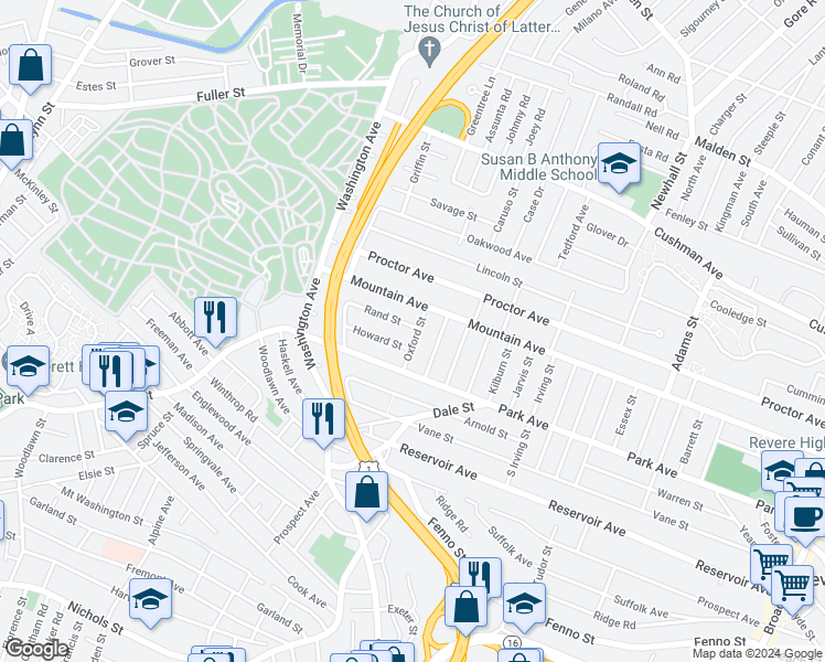 map of restaurants, bars, coffee shops, grocery stores, and more near 4 Rand Street in Revere