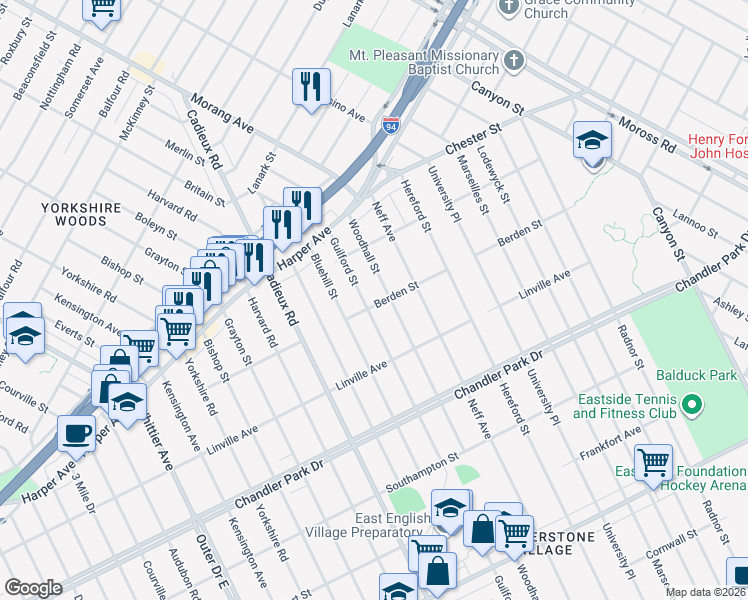 map of restaurants, bars, coffee shops, grocery stores, and more near 6104 Guilford Street in Detroit