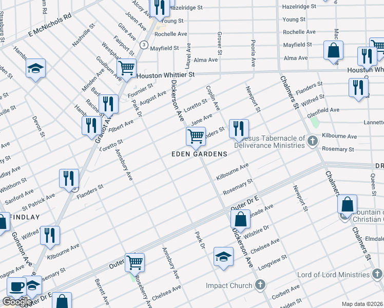 map of restaurants, bars, coffee shops, grocery stores, and more near 12839 Wilfred Street in Detroit