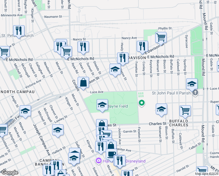 map of restaurants, bars, coffee shops, grocery stores, and more near 13416 Shields Street in Hamtramck