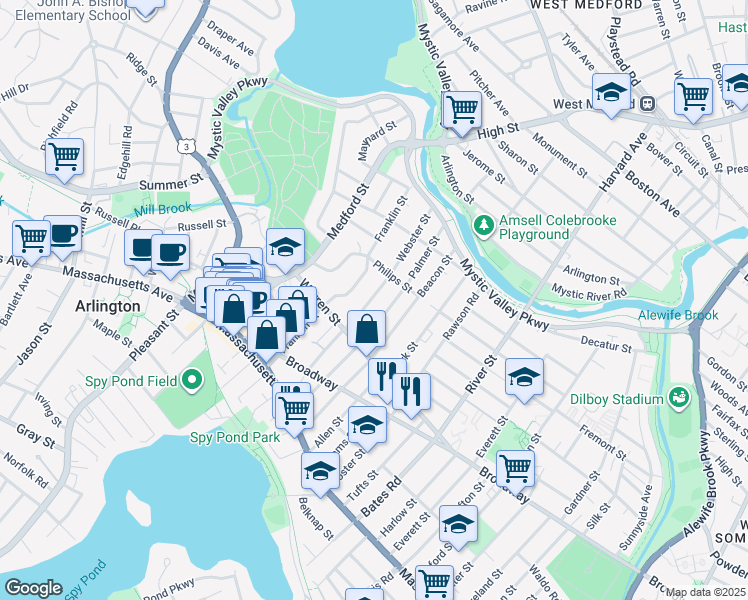 map of restaurants, bars, coffee shops, grocery stores, and more near 63 Webster Street in Arlington