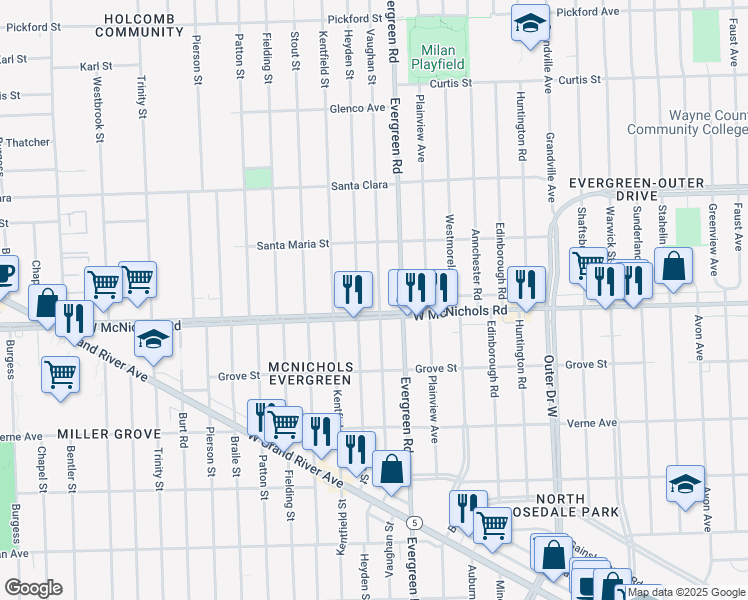 map of restaurants, bars, coffee shops, grocery stores, and more near 17125 Vaughan Street in Detroit
