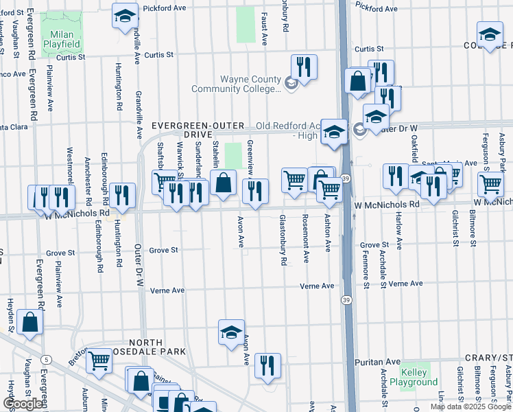 map of restaurants, bars, coffee shops, grocery stores, and more near 18600 West McNichols Road in Detroit
