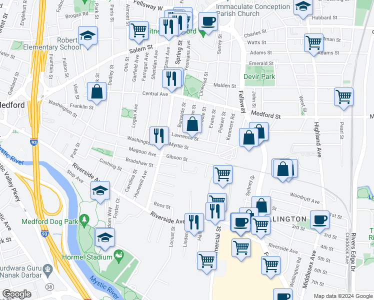 map of restaurants, bars, coffee shops, grocery stores, and more near 35 Myrtle Street in Medford
