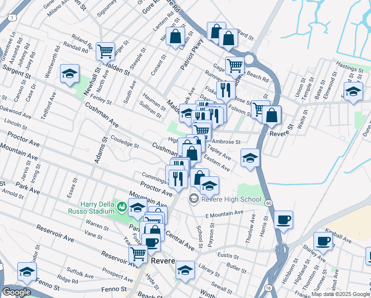 map of restaurants, bars, coffee shops, grocery stores, and more near 2 High Street in Revere