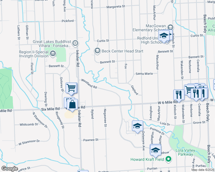 map of restaurants, bars, coffee shops, grocery stores, and more near 27088 Westland Road in Redford Charter Township