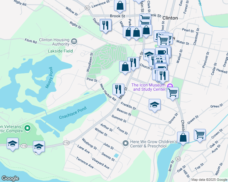map of restaurants, bars, coffee shops, grocery stores, and more near 460 Main Street in Clinton