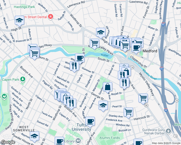 map of restaurants, bars, coffee shops, grocery stores, and more near 116 Summer Street in Medford