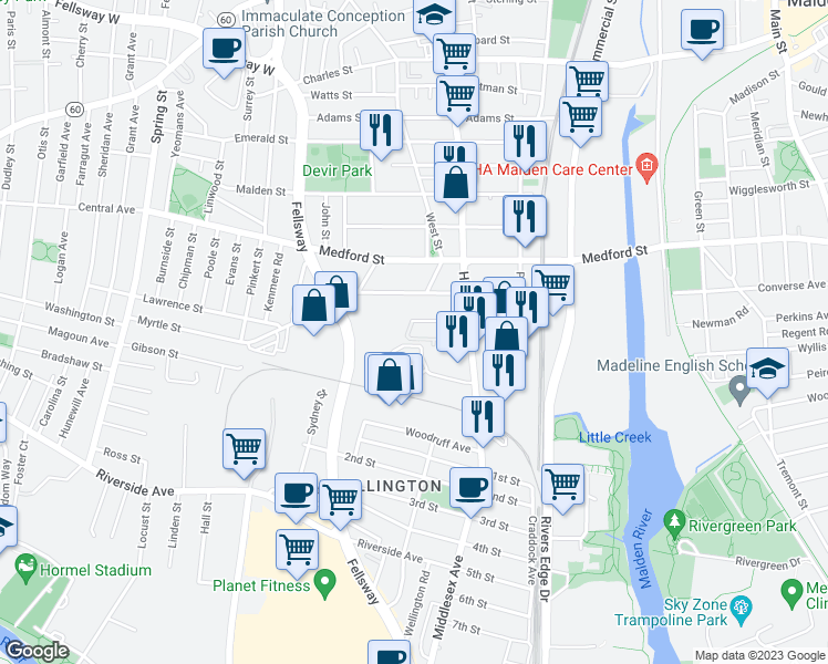 map of restaurants, bars, coffee shops, grocery stores, and more near 108 Devir Street in Malden
