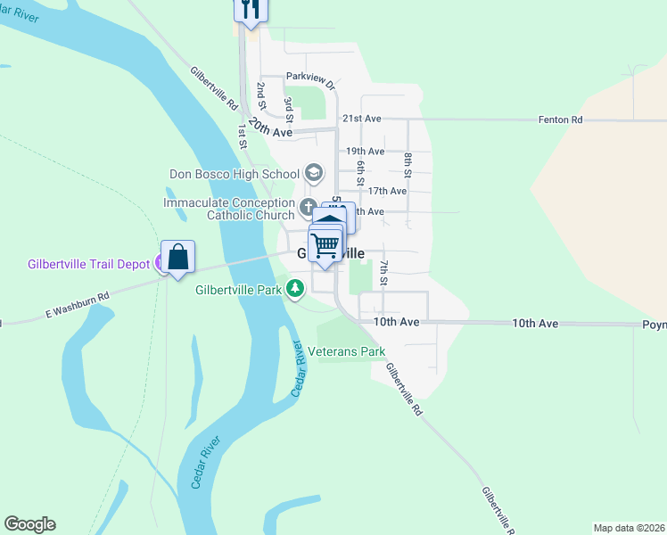 map of restaurants, bars, coffee shops, grocery stores, and more near 1307 5th St in Gilbertville