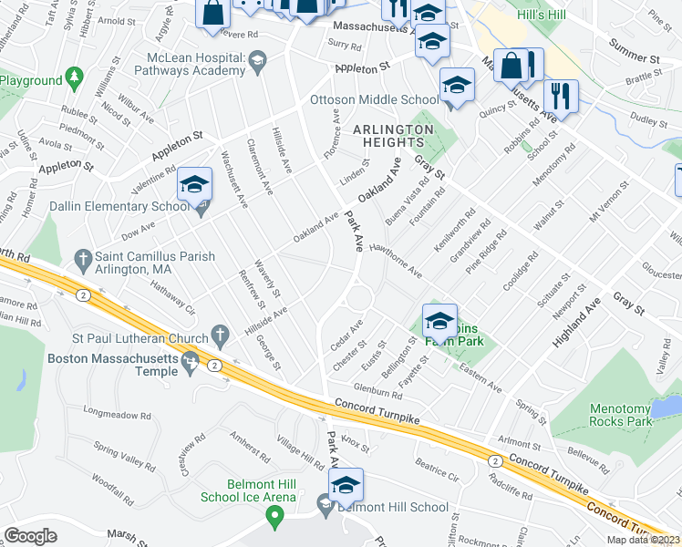 map of restaurants, bars, coffee shops, grocery stores, and more near 8 Prospect Avenue in Arlington