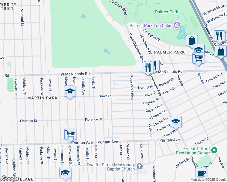 map of restaurants, bars, coffee shops, grocery stores, and more near 2019 North Avenue in Highland Park