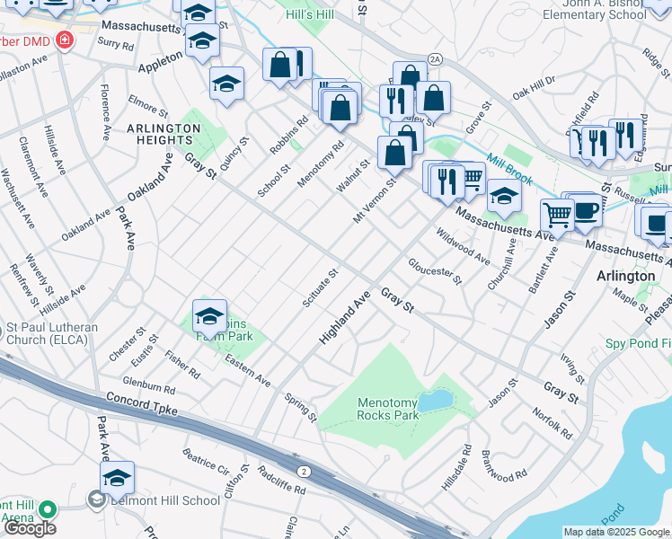 map of restaurants, bars, coffee shops, grocery stores, and more near 61 Scituate Street in Arlington
