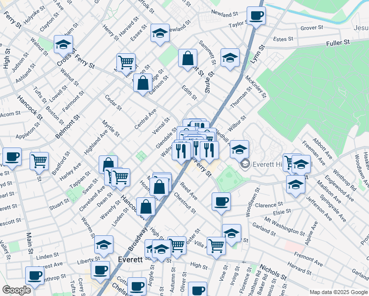 map of restaurants, bars, coffee shops, grocery stores, and more near 368 Ferry Street in Everett