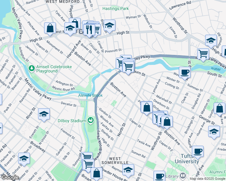 map of restaurants, bars, coffee shops, grocery stores, and more near 38 Irvington Road in Somerville