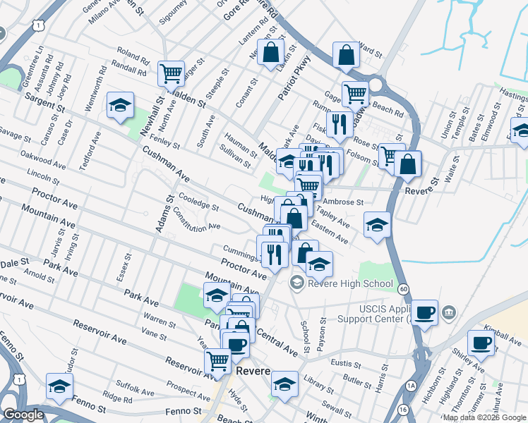 map of restaurants, bars, coffee shops, grocery stores, and more near 61 Cushman Avenue in Revere