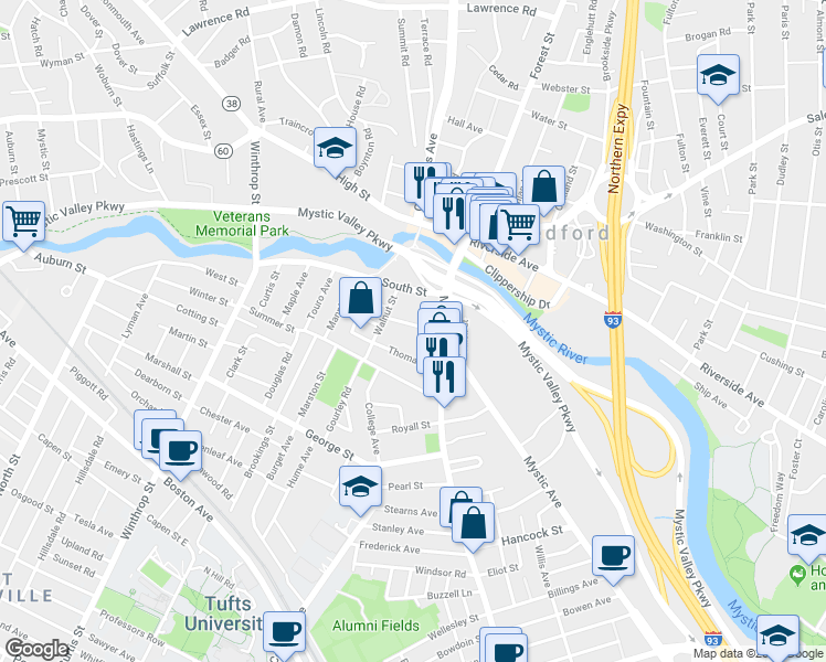 map of restaurants, bars, coffee shops, grocery stores, and more near 20 Emerson Street in Medford